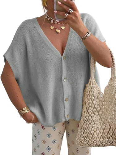 Image of Saodimallsu Womens Summer Oversized Cardigans Batwing Short Sleeve Lightweight Button V Neck Casual Knit Sweater Tops