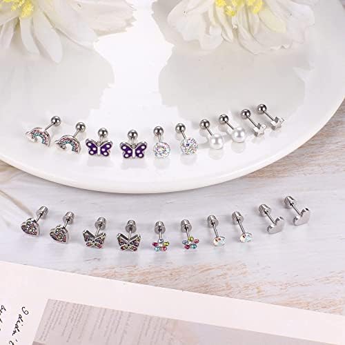JeryWe 10 Pairs Studs Earrings for Girls Women CZ 316L Surgical Steel Heart Flower Butterfly Pearl Hypoallergenic Pink Multicolored Screw Back Stud Earrings Set