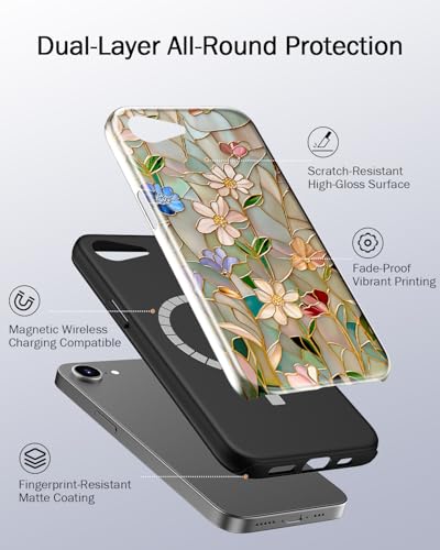 Image of Goodon for iPhone 16e Case Cute,Aesthetic Vintage Mosaic Stained Glass Shell Design,Glossy Floral Pattern,MagSafe Compatible,Preppy Trendy Y2K Protective Silicone Phone Cover for Women Girls | Dual-Layer Hard Shell + Silicone, Slim Fit Protective Phone Cover with Wildflower Designs for Women Girls