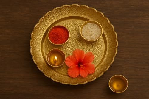 Image of Mkd2 Rise Brass Puja Round Thali /Bhog Thali /Puja Plate for Worship, Flower-Engraved Design (Brass, Gold Colour, 6 Inches)