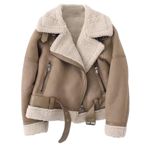 SimidunEUR Mujeres Abrigo de Imitación de Cuero de Gamuza Chaqueta Sherpa-Lined Invierno Cálido Abrigos de Motorista,Café9207,XS