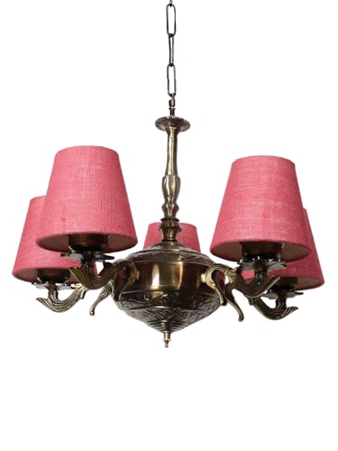 Image of Devansh 05 Lights Pink Jute conical Shade with Antique Golden Chandelier