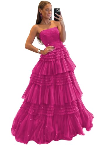 Shiny Tulle Prom Dresses Ball Gown Strapless Ruched Bodice Ruffles Tiered Skirt Evening Dress with Slit