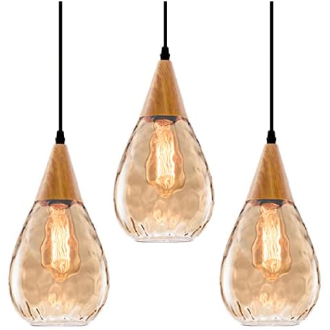 GLADFRESIT 3 Packs Pendant Light with Teardrop Glass Adjustable Nylon Core Contemporary Medium-Ceiling Lights for Kitchen Island Coffee Table Work Area Dining Room(Bulb Not Included) Cover