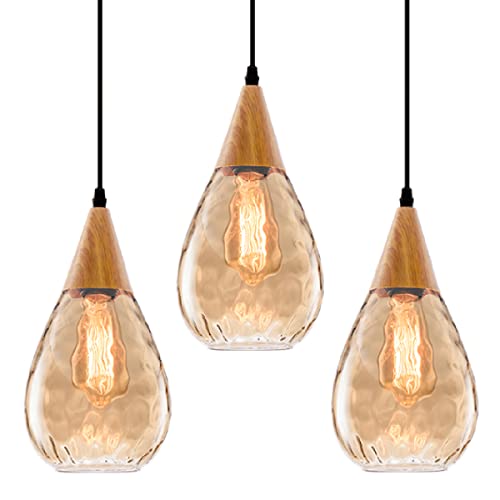 GLADFRESIT 3 Packs Pendant Light with Teardrop Glass Adjustable Nylon Core Contemporary...
