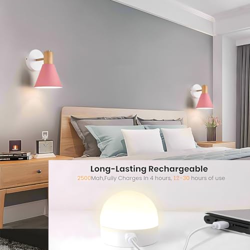 Image of Battery Operated Wall Sconces Lighting Set of 2, Adjustable Wireless Wall Lamp, Cordless Wall Lighting with Remote and Dimmable Rechargeable Bulbs for Bedroom Living Room (Pink)