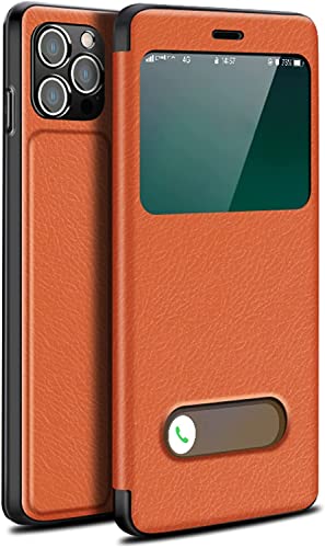 Étui iPhone 14 Pro en cuir PU orange avec fenêtre transparente