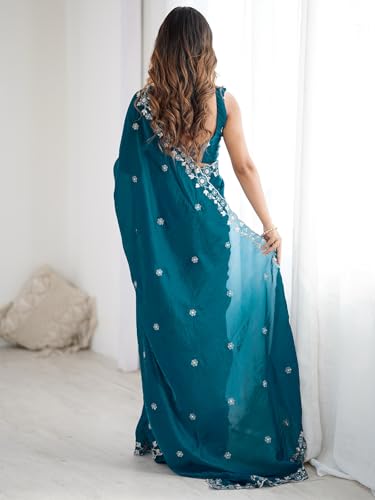 Image of Satrani Women's Tissue Silk Scalloped Border Sequins Embroidery Saree with Unstitched Blouse Piece