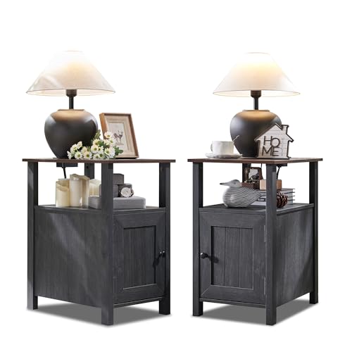 Image of IFBUY Farmhouse Nightstands Set of 2, Narrow Bedside Table with Charging Station, Night Stand Set 2 with Storage & Open Shelf, End Tables w /Groove Barn Door for Bedroom, Living Room, Dark Grey