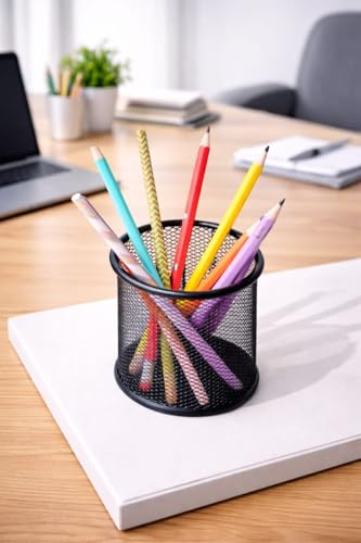 Image of Black Round Mesh Pen Stand - Pencil & Pen Holder for Desk | Multipurpose Stationary Organizer Cup for Office, Home & Study Table | Makeup Brush Holder