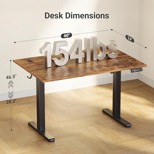 Image of Claiks Electric Standing Desk, Adjustable Height Stand up Desk, 40x24 Inches Sit Stand Home Office Desk with Splice Board, Black Frame /Rustic Brown Top
