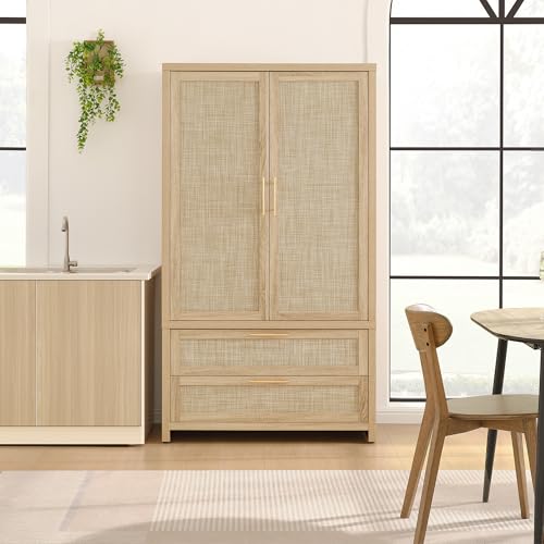 Image of SICOTAS Rattan Armoire Wardrobe Closet Cabinet, 71 inch Wardrobe Storage Cabinet with 2 Drawers, and Hanging Rod, Boho Large-Capacity Deep Armoire Clothes Organizer for Bedroom, Cloak Room, Light Oak