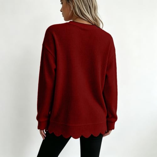 Womens Waffle Knit Top Long Sleeve Crewneck Fall Scalloped Sweatshirt 2026 - image 2