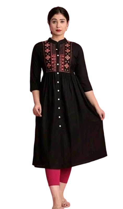 Raj Fashion Women's 3/4th Sleeves Rayon Solid Button Detailing Round Neck Printed Maxi Length Gown Black-picture-31