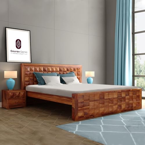Image of Sheesham Wood King Size Bed Without Storage | Wooden Bed King Size Double Cot Palang Bed for Bedroom | Diamond Design Headboard Bed for Living Room | Honey Finish