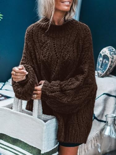 MEROKEETY Fall Sweaters for Women 2025 Oversized Pullover Crochet Lantern Long Sleeve Mock Neck Casual Loose Tops2