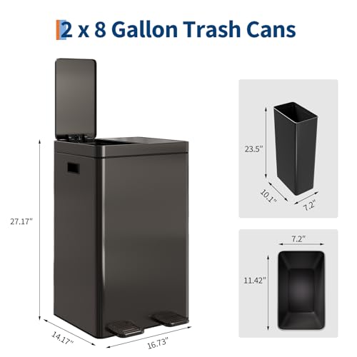Garvee 2×8 Gallon Stainless Steel Dual Trash Can Pedal Soft Close - Black - image 2