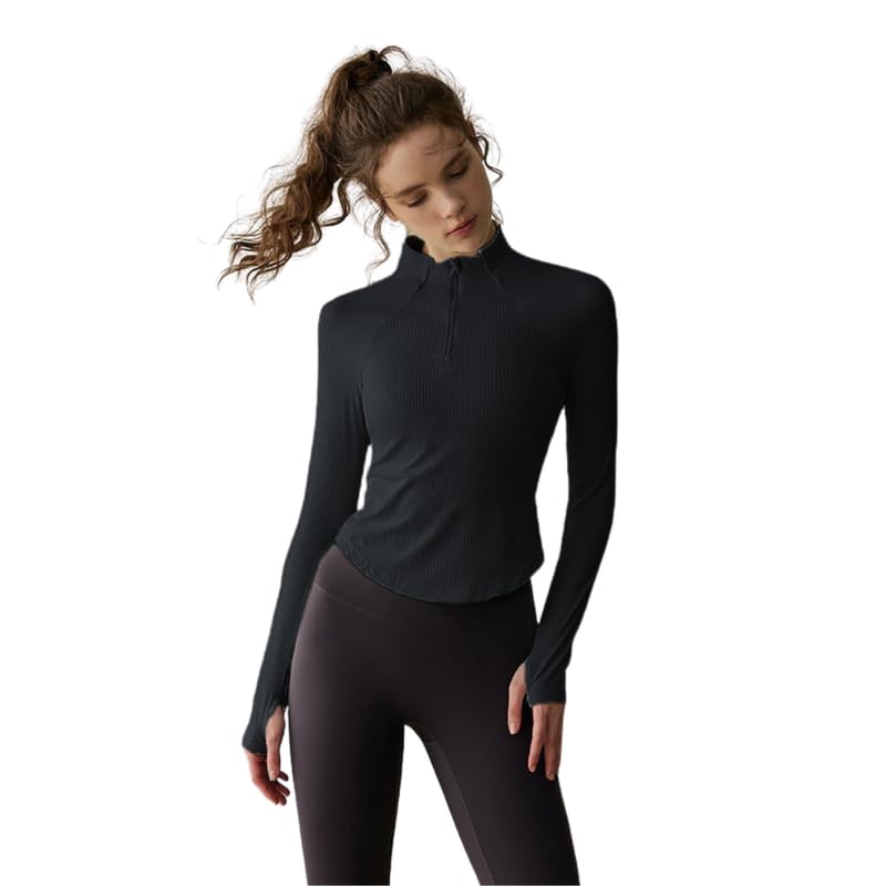 MIPPO® Half-Zip Stand Collar Long-Sleeve Sports Top for Yoga, Pilates, and Fitness Black-image-36