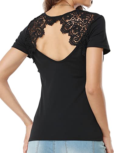 Manga Corta Transparente Mujer Encaje Camisetas Elegante Moderna con Cuello en V Tops y Blusas,Negro,XXL Cover