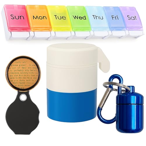 NAKOSITE Pilulier Semainier (7 Jours) | Boîte à Pilules Grande Capacité + Coupe Comprimé + Porte-Pilules Porte-Clés + loupe grossissante de Poche | Facile à Ouvrir (Bouton Poussoir) | Sans BPA | Idéal