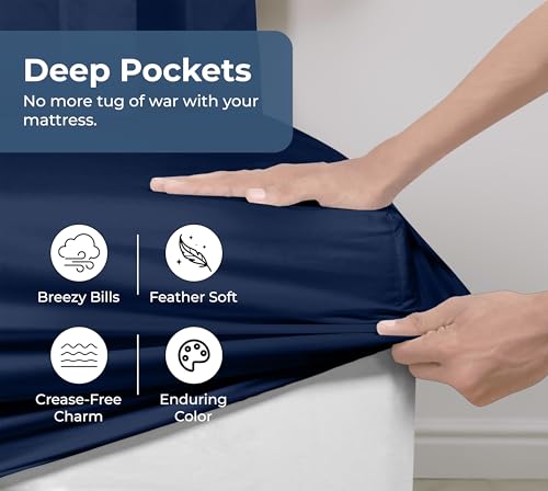 Image of Royale Linens 100% Organic Cotton Fitted Sheet - Percale Weave - Super Soft Deep Pocket Bottom Sheets - Navy Elastic Sheet King Cal Size - California King Fitted Sheets Only - (72 inchx84 inch+15 inch, Navy)