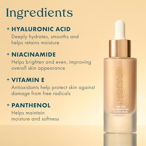 Image of Kopari Sun Veil Illuminating Elixir Face Sunscreen SPF 38 | Lightweight Face Sunscreen with Shea Butter & Mica | Buildable Mineral SPF, Radiant Golden Glow Finish