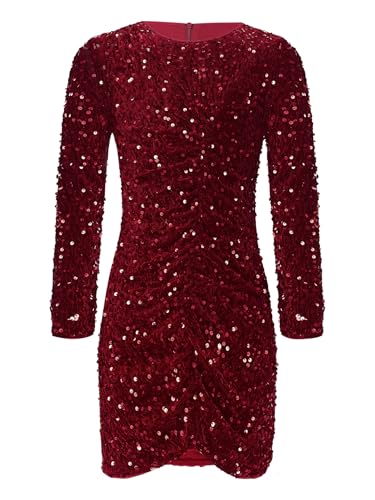 YEAHDOR Kids Girl's Sequin Bodycon Short Dress Long Sleeve Formal Party Ruched Princess Fancy Mini Dress3