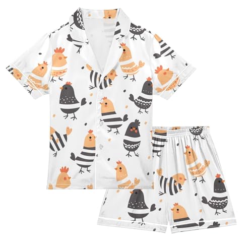 ALAZA Cute Chicken on White Pajamas Satin Pajama Set Short Sleeve Button Down Sleepwear