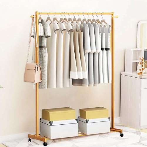 Image of LEOPAX Single Rail Bamboo Rolling Coat Rack with 2 Side Hook Garment Rack with Shoe Storage Shelves - Do It Yourself - Natural Color - Size - (70 x 38 x 145cm) - Bamboo Cloth Rack