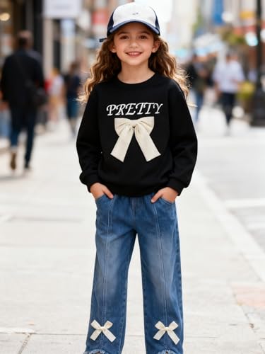 Image of Kids Toddler Girl Long Sleeve Bow Sweatshirt & Denim Straight Leg Jeans Pants Fall Winter Outfits Set