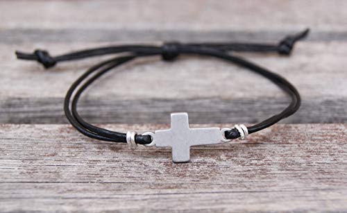 Christian Men's Leather Bracelet With Silver-tone Sideways Cross Thin Minimalist Cuff, Wristband Custom Handmade Christmas Gift3