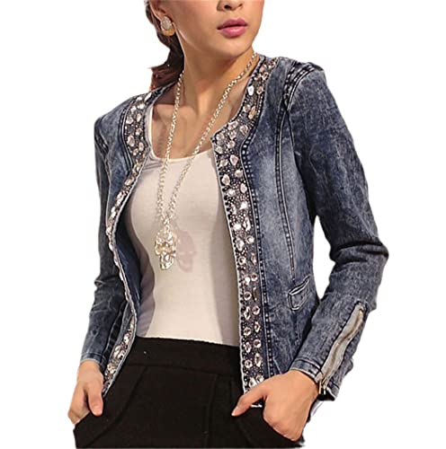 Veste en jean pour femme bleu vintage blouson denim zippé à paillettes taille S