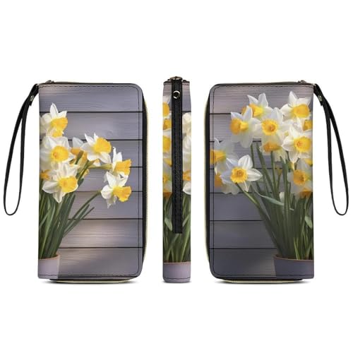 Bouquet of DaffodilsPrint Long Wallets PU Leather Clutch Purse Card Holder Wallet, with Wristlet Zip Around Long Wallet for Women & Men3