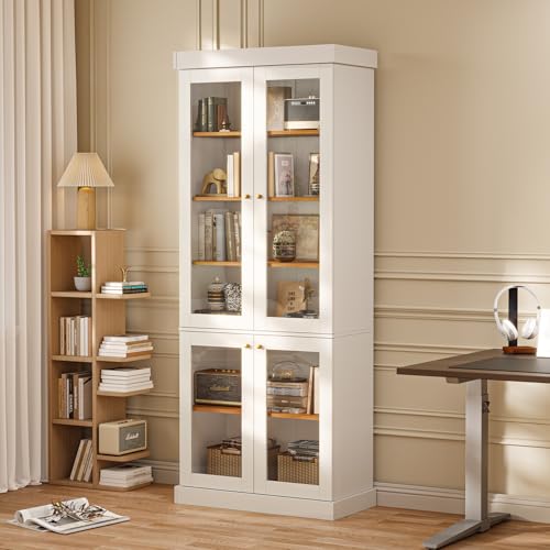 Image of Vyre 70.8 inch Bookshelf with Glass Doors, Farmhouse Modular Bookcase with 6-Tier Adjustable Shelves, Large Storage Cabinet for Living Room & Home Office, Set of 4, White