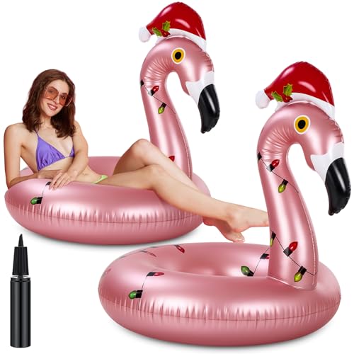ShinyRelief 2 Pack Giant Flamingo Pool Floats 42" Christmas in July Flamingo Float with Pump Fun Inflatable Ride on Swim Tube Rings for Adults Christmas in July Summer Beach Pool Party Supplies