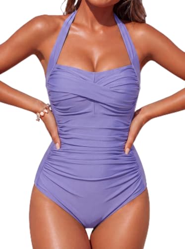 Image of Smismivo Tummy Control Swimwear Halter One Piece Slimming Vintage Retro Swimsuit Womens Ruched Push Up Bathing Suit