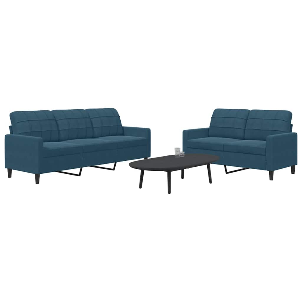 Set di 2 divani con cuscini blu in velluto per soggiorno e camera degli ospiti, divano imbottito, divano ad angolo, relax, sedersi, sdraiati, paesaggio residenziale, divano letto, chaise