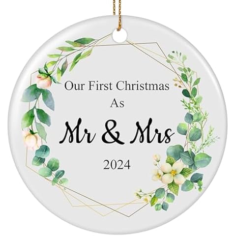 Our First Christmas Ornaments 2024,Mr and Mrs Gifts,Bridal Shower Gifts for Couples Unique 2024 Married Ornaments,1st Christmas Ceramic Wedding Ornament for Newlywed Bride Cover