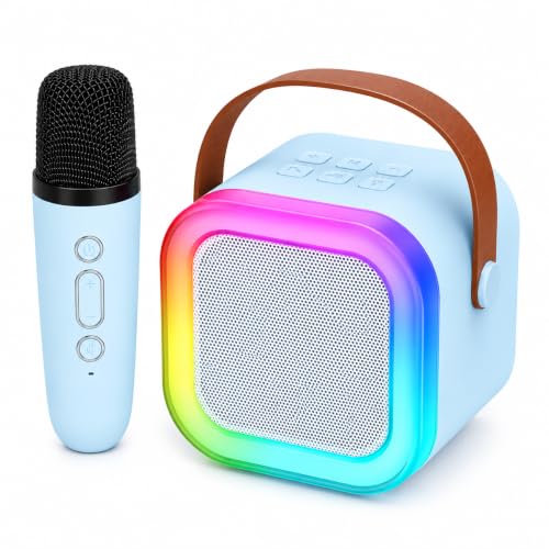 Image of Karaoke Speaker with Wireless Mic for Kids & Adults | Blue Bluetooth Karaoke Machine with RGB LED Lights, Rechargeable Portable Speaker, Stereo Sound | Birthday Gift for Girls & Boys