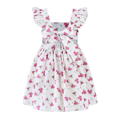 Image of Girls Floral Dress Square Neck Ruffle Sleeve Bow Back Twirl Cotton Dress