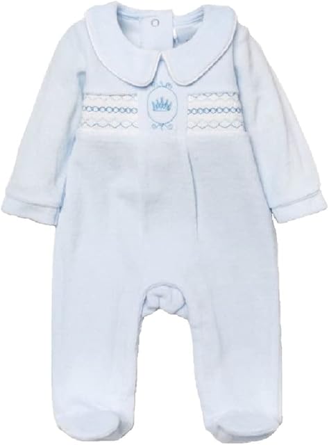 Baby Boys Velour Sleepsuit Blue Crown Embroidered Smocked Romper Age 6 9 Months