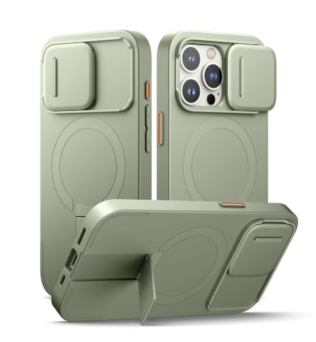 Image of SURITCH for iPhone 15 Pro Case with Magnetic Camera Slide Cover and Adjustable Kickstand, Compatible with MagSafe, Shockproof Bumper Case Slim Protective Cover 6.1 Inch, Green