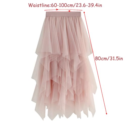 Tulle Skirts for Women Layered Midi Length Elastic Waist Mesh Tutu Skirt Chic Asymmetrical Ruffled Mesh Skirt, Champagne3