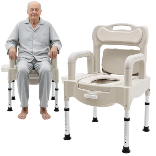 Silla de baño con ruedas, silla de ruedas, silla de ruedas con cubo de inodoro, ancho del asiento para personas mayores, silla de noche, altura regulable, reposabrazos plegable, 55 cm