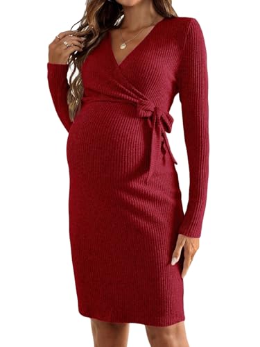 GORGLITTER Damen Umstandskleid Strickkleid Langarm mit Vorderbindung Freizeitkleid Knielang V Ausschnitt Kurz Herbst Kleid Rot M