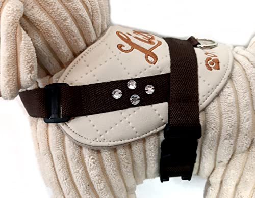 Hundegeschirr S M L XL XXL mit Wunsch Namen bestickt Kunstleder Cream Braun für kleine mittelgroße und große Hunde