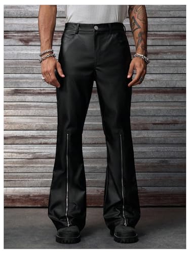 Men's PU Leather Pants Y2K Flare Leg Baggy Pants Half Zip Decor Party Rave Trousers Clubwear3