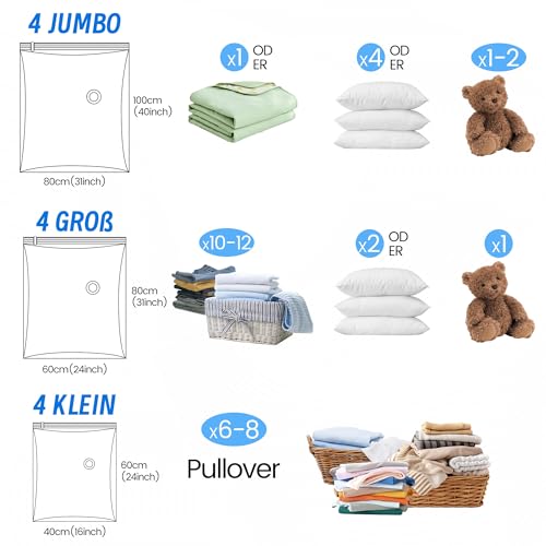 Vakuumbeutel für Kleidung Bettdecken, 12 Stück Vakuumierbeutel (4 * 100x80cm+4 * 80x60cm+4 * 60x40cm) Vacuum Bags for Clothing Reise mit Staubsauger Handpumpe