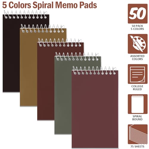 Image of Teling 50 Pieces Spiral Memo Pads Bulk 3 x 5 Inch Small Note Pads Top Bound Lined College Ruled Paper Mini Notepad Pocket Spiral Notebooks for School Office Home Supplies, 75 Sheets (Retro Colors)
