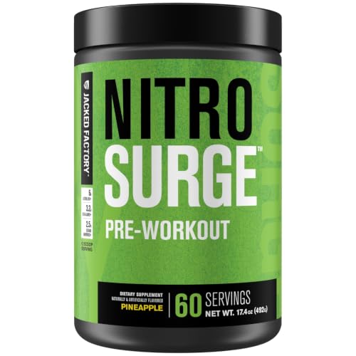 Image of Jacked Factory NITROSURGE Pre Workout Supplement - Energy Booster, Instant Strength Gains, Clear Focus, & Intense Pumps - NO Booster & Powerful Preworkout Energy Powder - 60 Servings, Pineapple